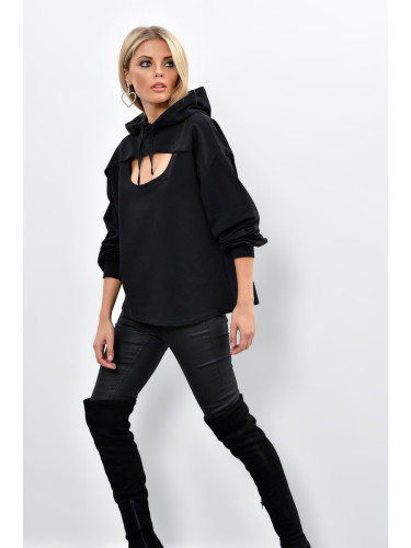 Cool & Sexy Women's Black With Window Front Hooded Sweatshirt Yi1669