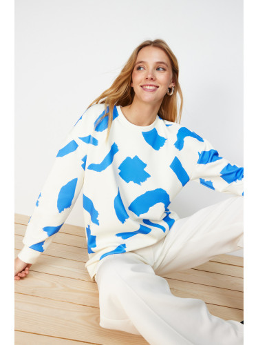 Trendyol White-Blue Patterned Crew Neck Scuba Knitted Sweatshirt
