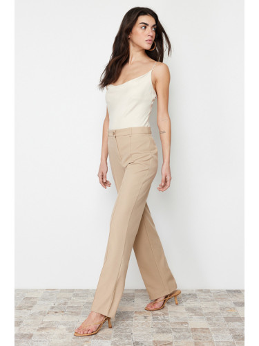 Trendyol Light Brown Straight/Straight Fit High Waist Ribbed Stitched Woven Trousers