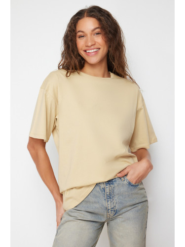 Trendyol Dark Beige 100% Cotton Crew Neck Oversize/Wide Pattern Knitted T-Shirt