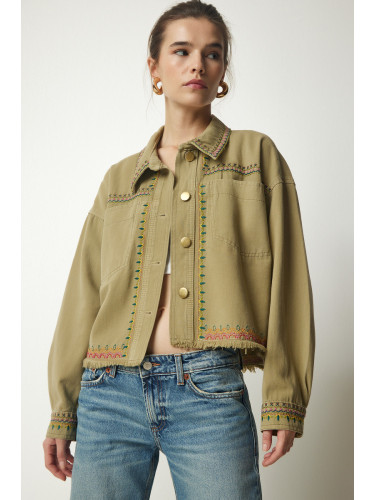 Happiness İstanbul Women's Khaki Embroidered Tasseled Oversize Denim Jacket