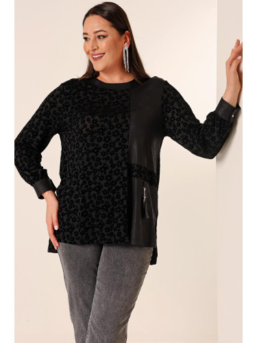By Saygı Floral Flock Printed Plus Size Blouse with Side Slits and Tassel Detail on the Front