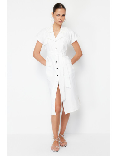 Trendyol Ecru Belted Wide Fit Gabardine Midi Shirt Dress