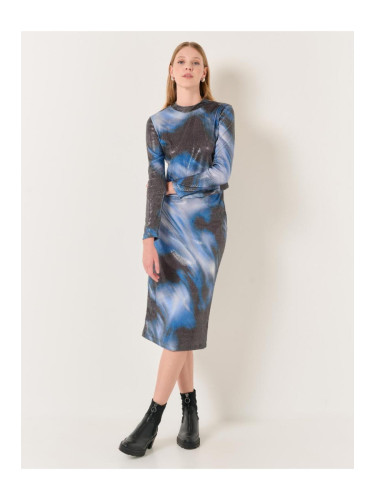 Jimmy Key Blue High Waist Embroidered Sequins Stylish Midi Skirt