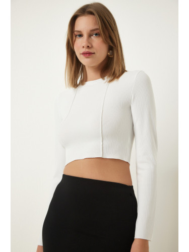 Happiness İstanbul White Ribbed Ribbed Crop Blouse