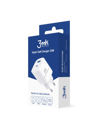 Зарядно устройство 3MK Hyper GaN Charger (GaN-1A1C-33-W), от контакт към 1x USB-C(ж), 1x USB-A(ж), 33W, 5V, 3A, бяло