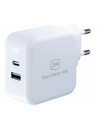 Зарядно устройство 3MK Hyper Charger (GaN-1A1C-68-W), от контакт към 1x USB-A(ж)/2x USB-C(ж), 68W, 20V, 5A, бяло