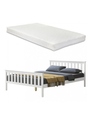 Легло от борово дърво с подматрачна решетка и матрак, 140х200, Бяло