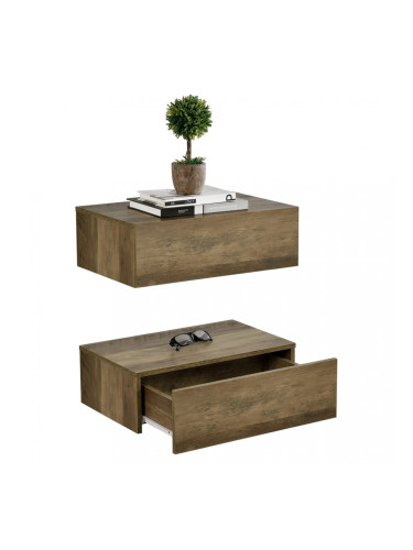 2 броя нощни шкафчета за стенен монтаж с едно чекмедже Ефект Дърво, 46x30x15cm