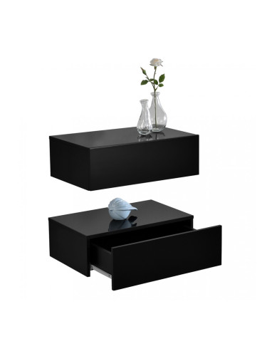 2 броя нощни шкафчета за стенен монтаж с едно чекмедже Черен гланц, 46x30x15cm