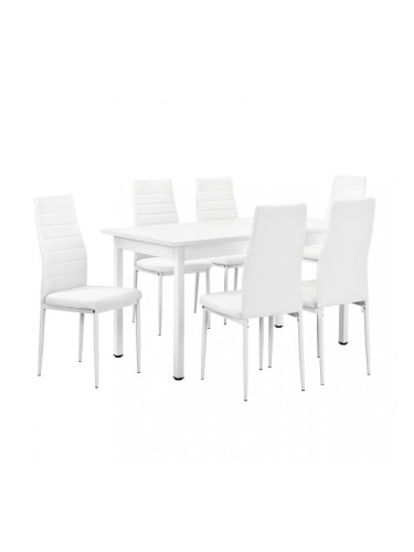 Гарнитура за трапезария с 6 стола Turku140 x 60 cm, изкуствена кожа, за шестима, Бяла