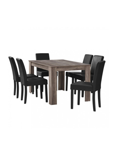Комплект маса за хранене с 6 тапицирани стола  Nora  140 x 90 cm Дъб/Тъмнокафяв/Черен
