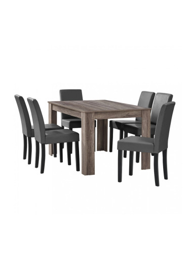 Комплект маса за хранене с 6 тапицирани стола Nora  140 x 90 cm Дъб/Тъмнокафяв/Тъмносив