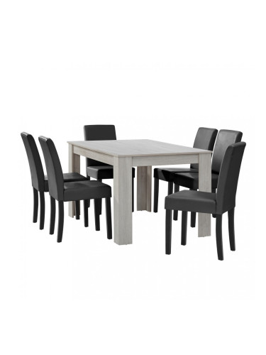 Комплект маса за хранене с 6 тапицирани стола  Nora  140 x 90 cm Дъб/Бял/Тъмносив