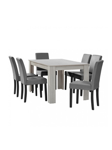 Комплект маса за хранене с 6 тапицирани стола  Nora  140 x 90 cm  Дъб/Бял/Сив