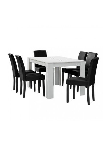 Комплект маса за хранене с 6 тапицирани стола Nora  140 x 90 cm  Бял/Черен