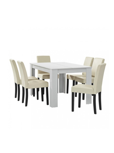 Комплект маса за хранене с 6 тапицирани стола Nora  140 x 90 cm  Бял/Бежов