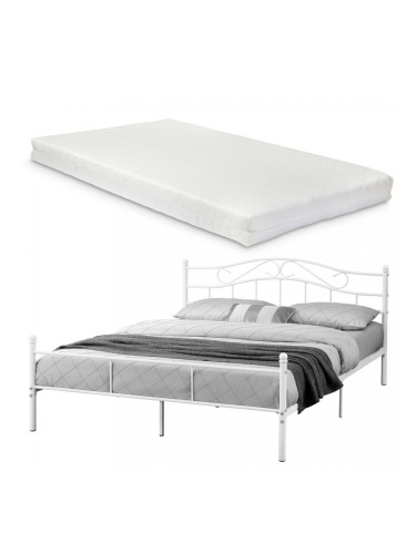 Двойно легло с метална рамка и матрак - Бяло, 200 x 140 см