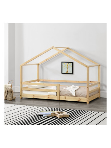 Детско легло - Къщичка от борово дърво, Натурален цвят, 200x90cm
