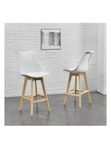 Комплект от 2 бар стола , корпус от Бук, тапицирани с еко кожа, 105 cm високи, Бели