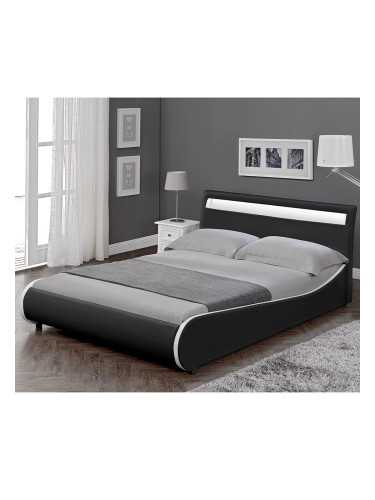 Модерно тапицирано с изкуствена кожа двойно легло  Valencia,  200cm x 180cm, Черно, LED осветление