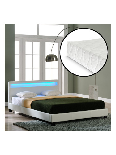 Съвременно тапицирано с еко кожа двойно легло с матрак и LED осветление -Бяло *48986437*