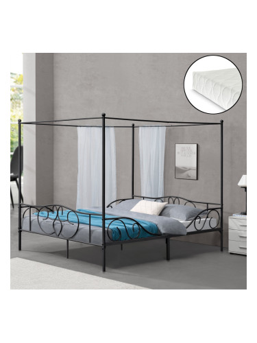 Легло с балдахин Финстрьом ,  Метално легло с матрак от студена пяна, размери 180x200 см,  черен цвят