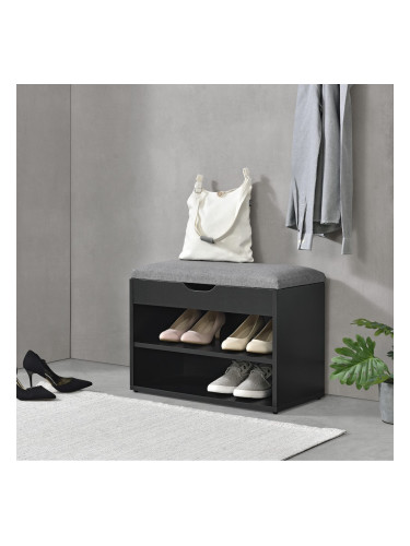 Пейка за обувки Gentofte, размери  60x30x46cm,  Шкаф за обувки с 3 рафта, рафт за обувки за 4 чифта обувки,  пейка,  черен,  сив цвят