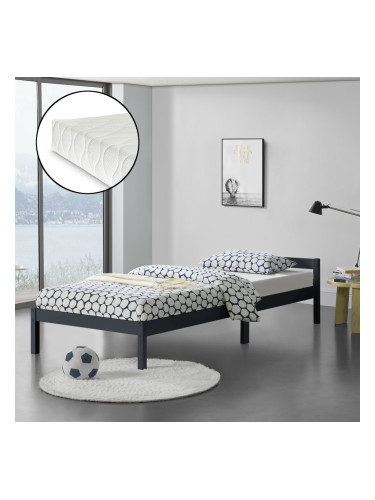 Дървено легло Nakkila, размери  90x200 см,  с матрак , тъмно сив цвят