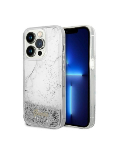 Оригинален кейс Guess Liquid Glitter Marble, За iPhone 14 Pro (6.1), Сребрист