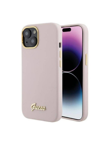 Оригинален кейс Guess Silicone Script Metal Logo and Frame, За iPhone 15 (6.1), Розов