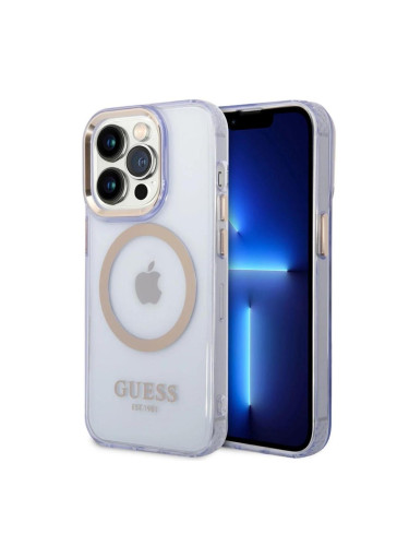 Оригинален кейс Guess Gold Outline Translucent MagSafe, За iPhone 14 Pro (6.1), Лилав