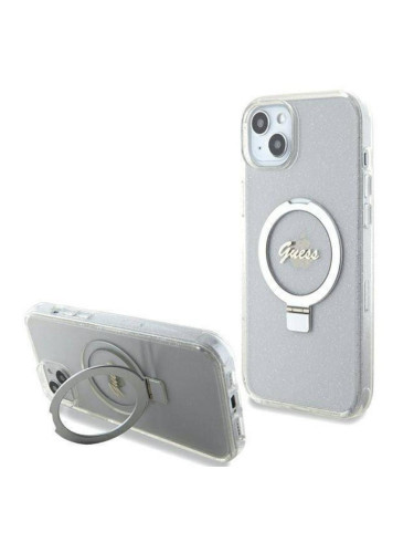 Оригинален кейс Guess Ring Stand Script Glitter MagSafe, За iPhone 15 Plus (6.7), Прозрачен