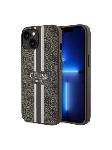 Оригинален кейс Guess 4G Printed Stripes MagSafe, За iPhone 15 (6.1), Кафяв