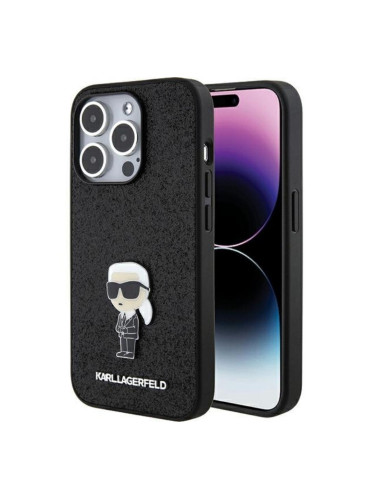 Оригинален кейс Karl Lagerfeld Fixed Glitter Ikonik Logo Metal Pin, За iPhone 15 Pro (6.1), Черен