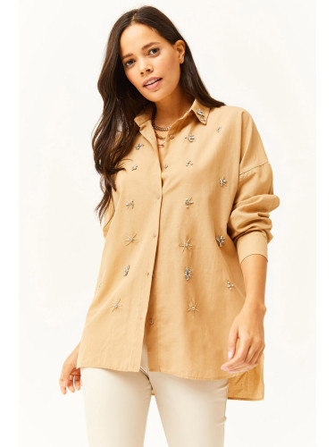 Olalook Women's Six Oval Woven Shirt with Camel Collar and Stones on the Front