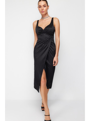 Trendyol Black Draped Wrap Knitted Satin Dress