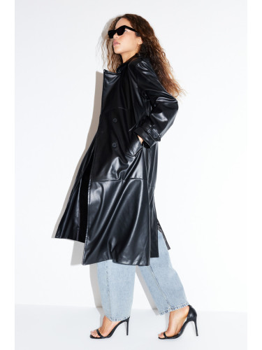 Trendyol Black Belted Faux Leather Trench Coat