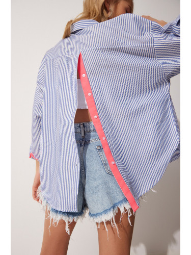 Happiness İstanbul Women's Blue Pink Stripe And Button Detailed Striped Oversize Shirt