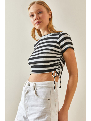 XHAN Black Crew Neck Side Gathered Striped Camisole Crop Blouse