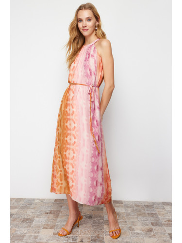 Trendyol Pink Abstract Pattern Straight Cut Chiffon Lined Maxi Woven Dress