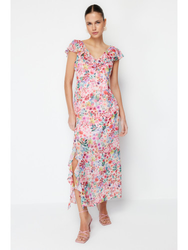 Trendyol Pink Floral Ruffle Chiffon Lined Maxi Woven Dress