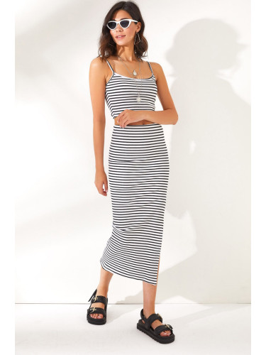Olalook Women's White Top Strap Striped Suit with Bottom Slit