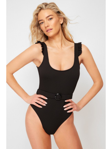 Trendyol Black Belt Frilly Textured Regular Swimsuit