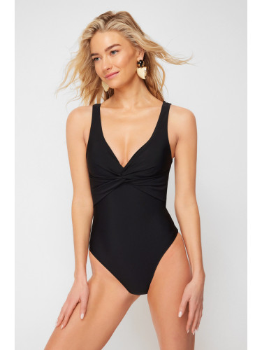 Trendyol Black V-Neck Knotted Regular Swimsuit