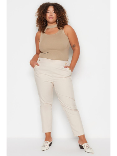 Trendyol крива бежов креп злато бутон подробни тъкани панталони