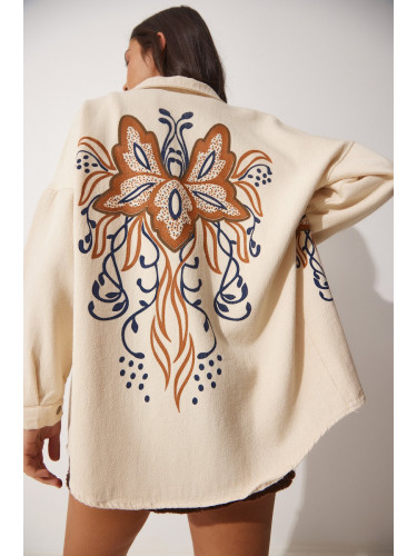 Happiness İstanbul Women's Cream Butterfly Printed Raw Linen Shirt Jacket