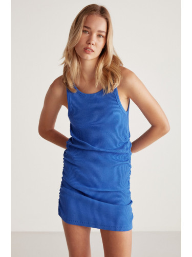 GRIMELANGE Marcıa Women's Ribbed, Flexible Fabric, Draped, Gathered, Fitted Sleeveless Mini Saks Blue Dress