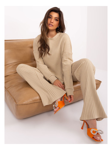Beige women's casual set with a striped pattern
