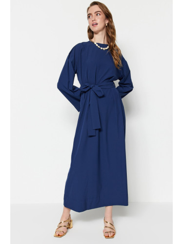 Trendyol Navy Blue Waist Belted Parachute Fabric Wide Pattern Woven Dress